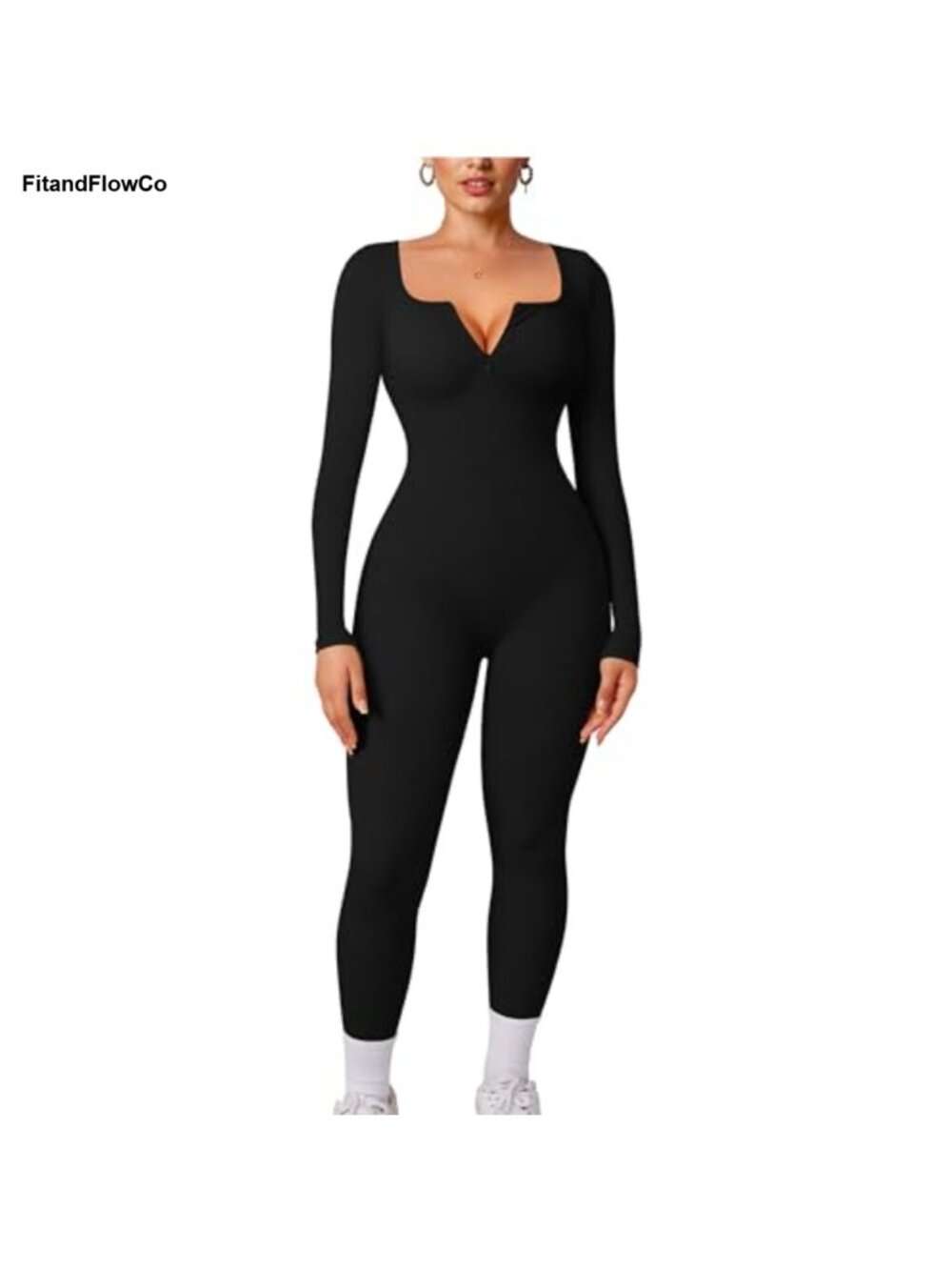 Women's Long Sleeve Scoop Neck Zip Front One Piece Jumpsuit Ribbed Stretch